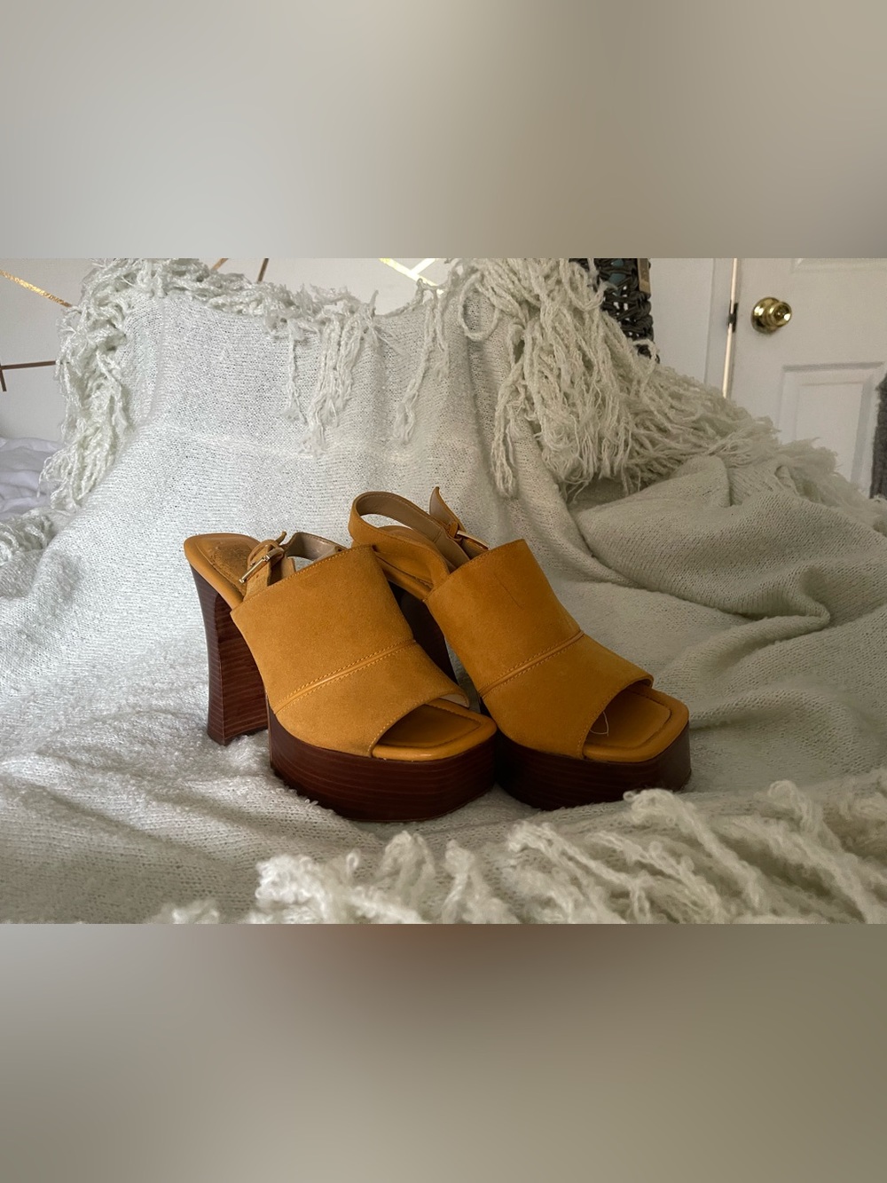 Michael Kors Rye Mustard Suede Slip On Platform Slingback Sandals